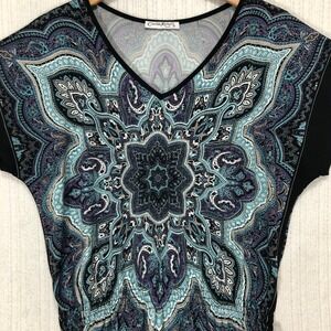 Claudia Richards‎ Women's Butterfly Sleeve V Neck Top Mandala Print Black Purple